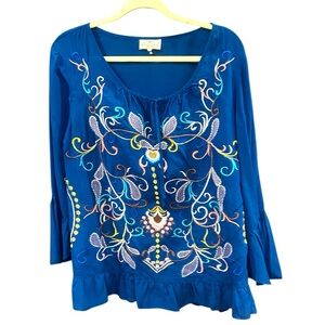 Grand & Greene Navy Blue Embroidered Peasant Boho  Top Size L